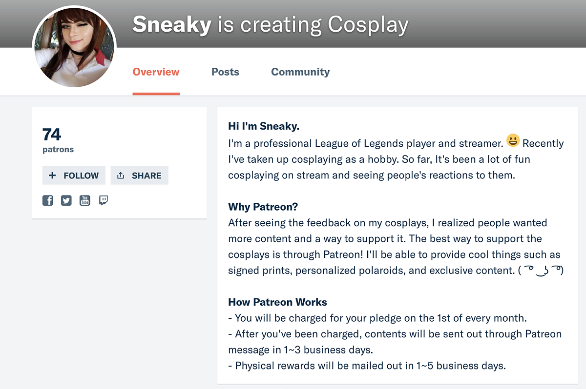 Sneaky在另一則推特表示他於Patreon開設了cosplay的計畫，希望粉絲能與他一起創造更多的扮裝回憶。 圖：翻攝自 Sneaky Twitter