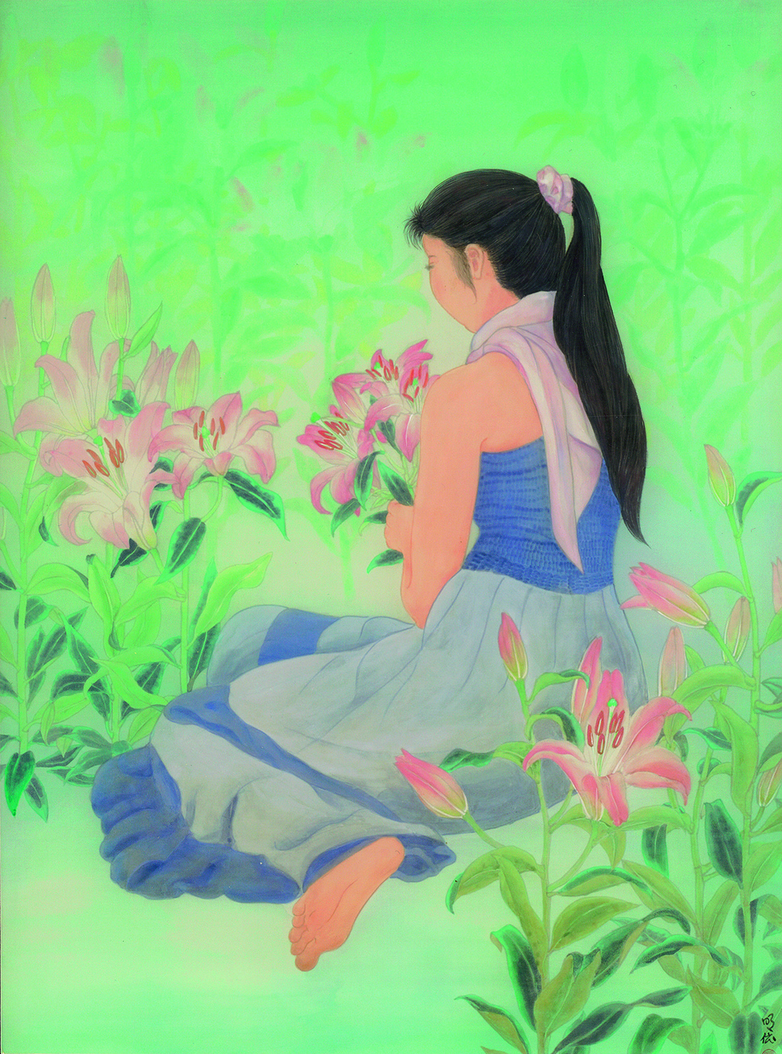 台陽美術特展公募作品優選獎，膠彩作品—廖珮如〈純潔的愛〉。 圖：台中市政府提供