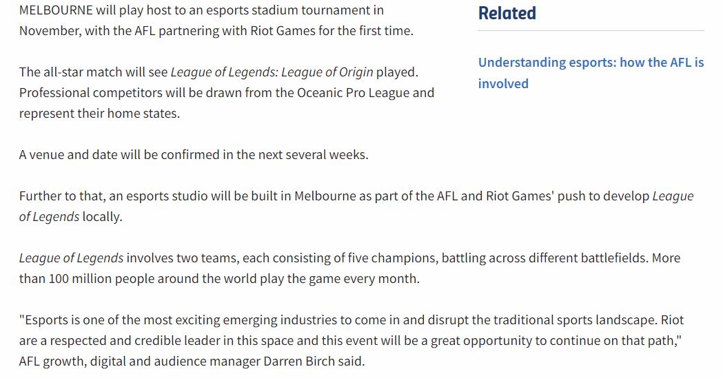 AFL官網的合作宣布文。 圖：翻攝自 AFL 官網
