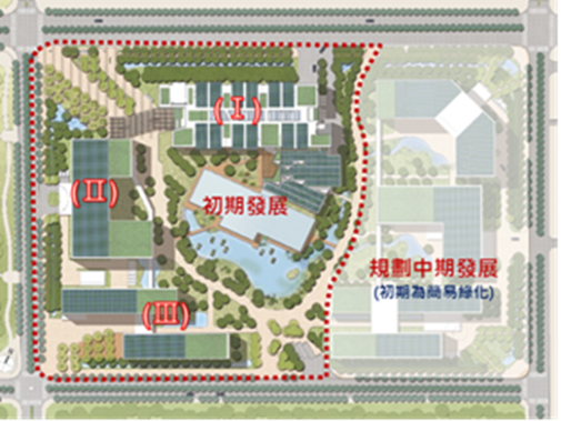 中研院南部院區面積7.3公頃，整體將以國際大學城型態，生物多樣性以及社區友善等理念為設計主軸。目前採分階段方式開發，預計於108年12月、110年3月陸續興建完成三棟研究大樓，其中包含精密溫室及玻璃溫室等，總樓地板面積約6萬6,363平方公尺，興建經費約40億元。 圖：中研院/提供