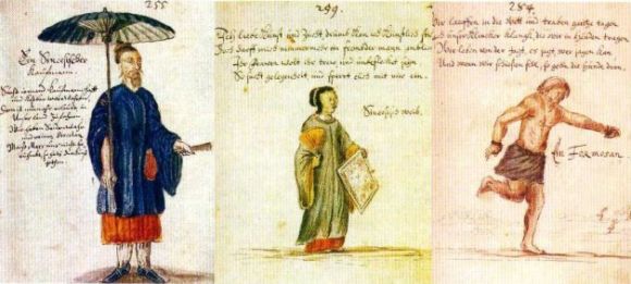 一六四八年司馬爾卡頓（Caspar Schmalkalden，原籍德國，也是荷蘭東印度公司在福爾摩沙的員工）《東西印度驚奇旅行記》書中之圖。左起為「漢商」、「漢婦」與「福爾摩沙人」。 圖：陳耀昌／提供