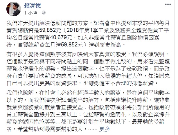 賴清德透過臉書貼文對低薪政策等問題，強調是執政者所應當做出的承擔。 圖：翻攝賴清德臉書