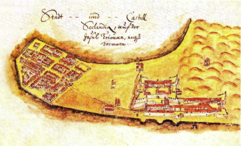 1648年Caspar Schmalkalden《東西印度驚喜旅行記》書中刊出的熱蘭遮城（右）與大員市街（左）。就在這一年的四月二十日，亨布魯克一家人抵達大員。從這個圖來看，那時的大員市街，令人想起現在忠孝東路與信義路之間的信義計劃區。 圖：陳耀昌/提供