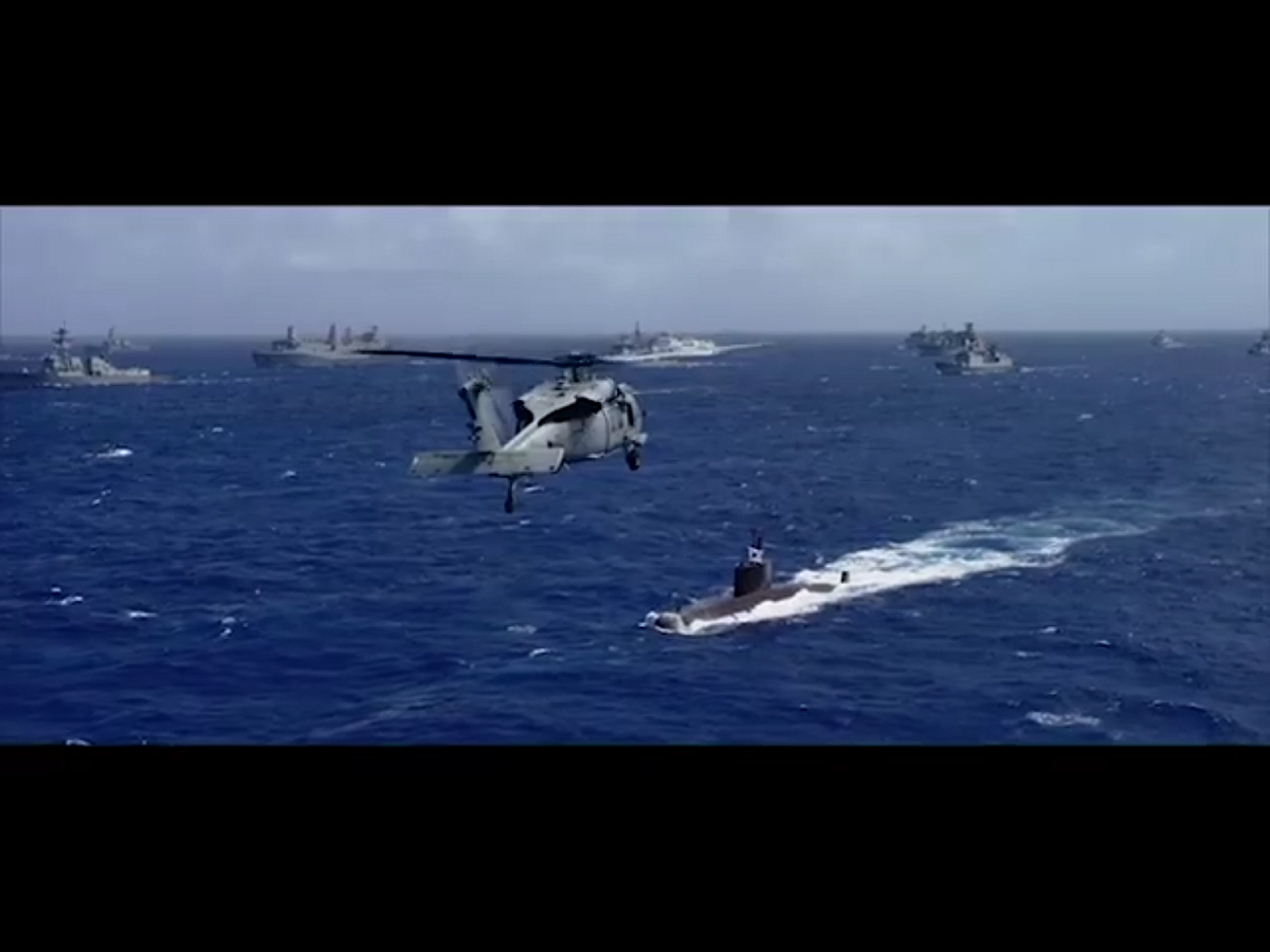 環太平洋軍事演習（Rimpac）由美軍倡議發起，今年將是第26屆，預定6月下旬展開。圖為2016年演習影片截圖。 圖：翻攝自環太平洋軍事演習 （RimofthePacific）臉書