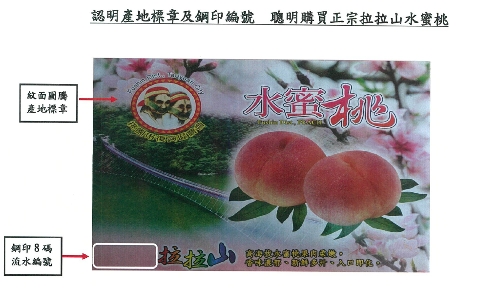 購買時只要認明水蜜桃外盒正面產地標章（紋面圖騰）及左下角鋼印之8碼流水編號，就能確保買到真正拉拉山水蜜桃。 圖：農糧署北區分署／提供