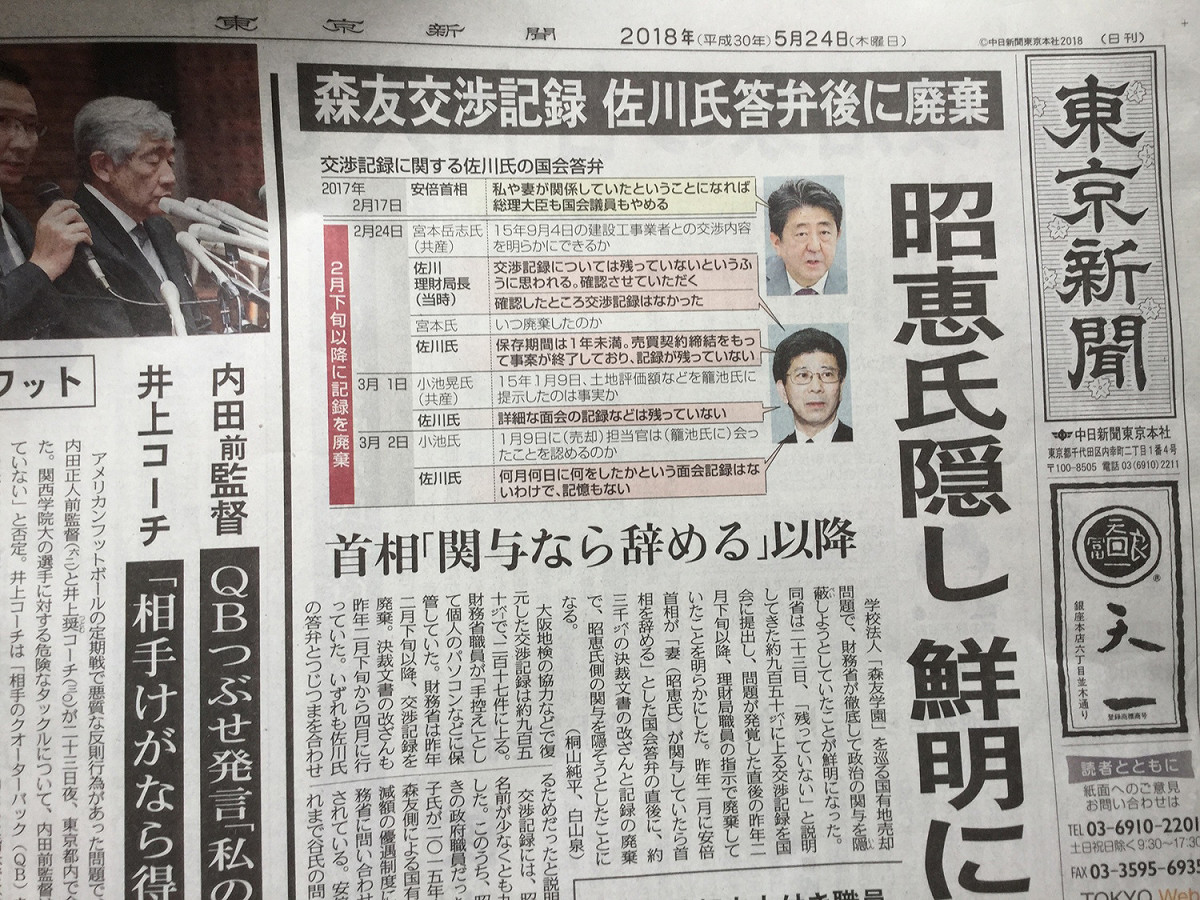 23日新爆出的近千頁文件，鮮明顯示安倍昭惠涉案，自民黨內部也不滿，認為安倍首相失格。 圖：劉黎兒／攝