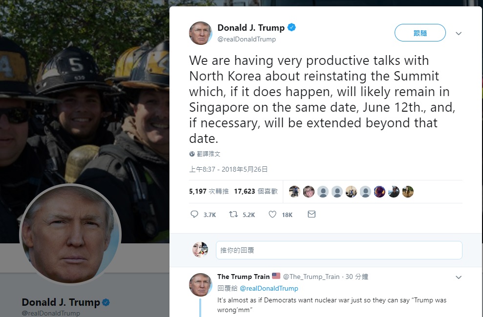 美國總統川普稍早推文，川金會若重啟，日期一樣定在6月12日，地點仍是新加坡。 圖/翻攝自川普推特