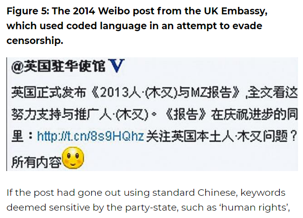 英國使館2014年在微博發布《2013年度人權報告》，因為使用「火星文」，成功闖關。 圖：翻攝澳洲戰略政策研究所官網