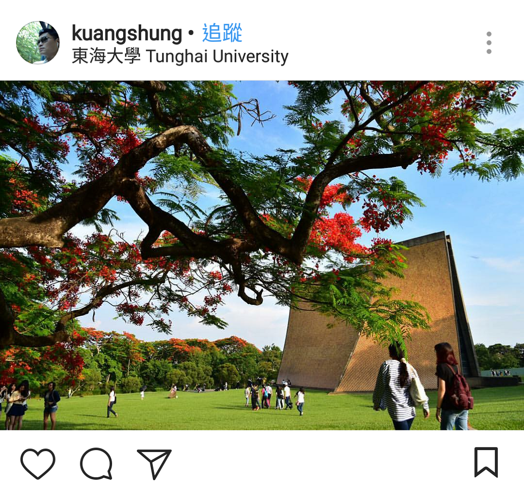 中台灣也有熱情鳳凰花可賞，東海大學校園裡也有艷麗鳳凰花開，更在遠近馳名「路思義教堂」的周邊，被這遍紅花妝點更美麗！ 圖：翻攝自instrgram／kuangshung開放權限