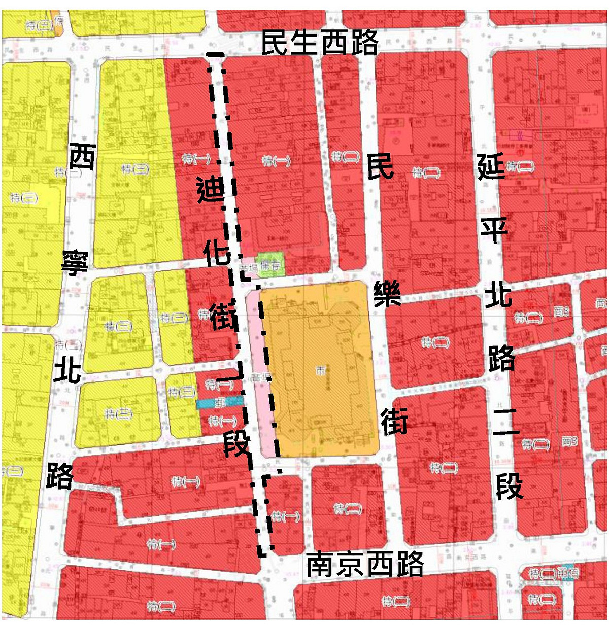 北市迪化街從下月起，每周日上午十時至下午五時改為徒步區(虛線內)。 圖：北市都發局/提供