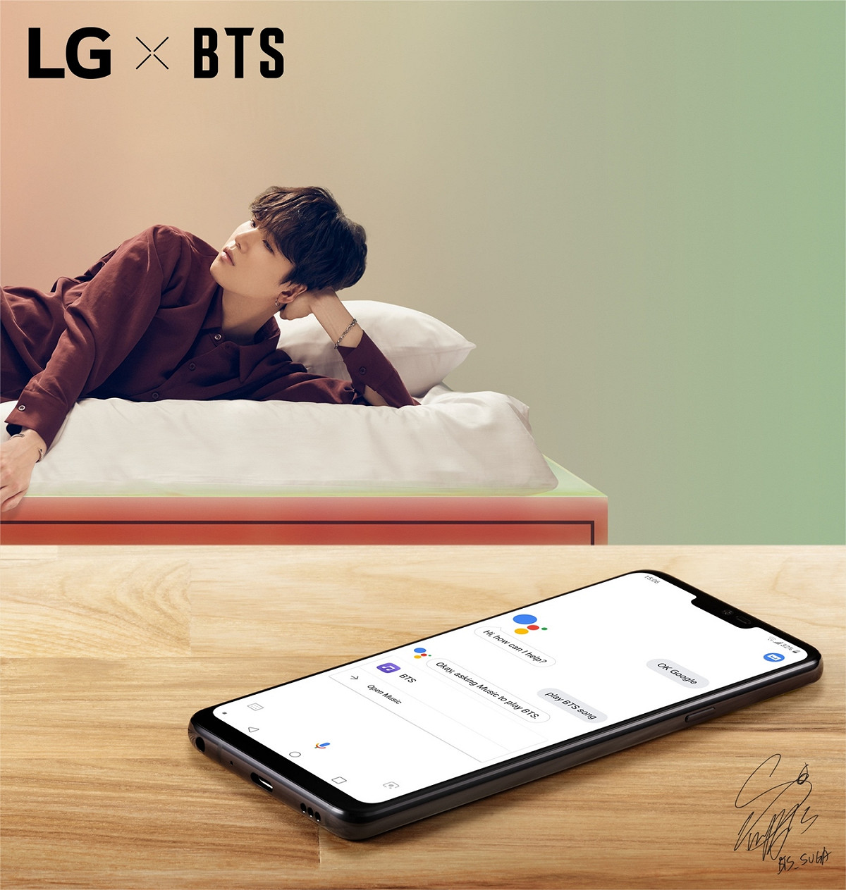 Suga 則呈現自己慵懶的個性，並在超遠距以語音辨識來播放音樂。 圖：台灣LG/提供