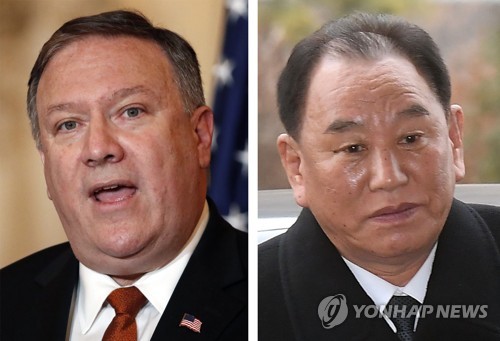 金英哲（右）中午抵達紐約甘迺迪國際機場，美國國務卿蓬佩奧（左）也從華盛頓趕來，與金英哲在當晚共進工作晚餐。韓聯社今（31）日上午的最新消息指出，目前晚宴已經结束，共進行了90分鐘。 圖：翻攝自韓聯社