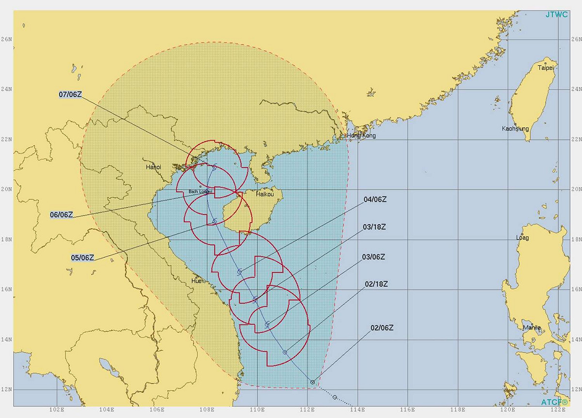 美軍(JTWC)分析南海的熱帶低壓發展成颱後的第一報路徑。 圖：翻攝自《天氣風險 WeatherRisk》FB