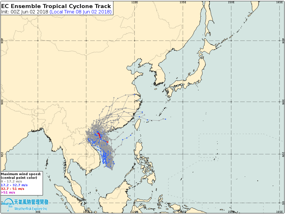 歐洲中期預報中心（ECMWF）分析南海的熱帶低壓發展成颱後的系集預報路徑。 圖：翻攝自《天氣風險 WeatherRisk》FB