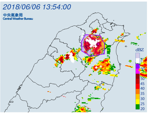 中央氣象局在剛剛14時再度大雷雨警訊，針對台北市、新北市、桃園市、宜蘭縣這4個縣市，預估大雷雨持續時間至15時，請外出朋友慎防劇烈降雨。 圖：中央氣象局提供