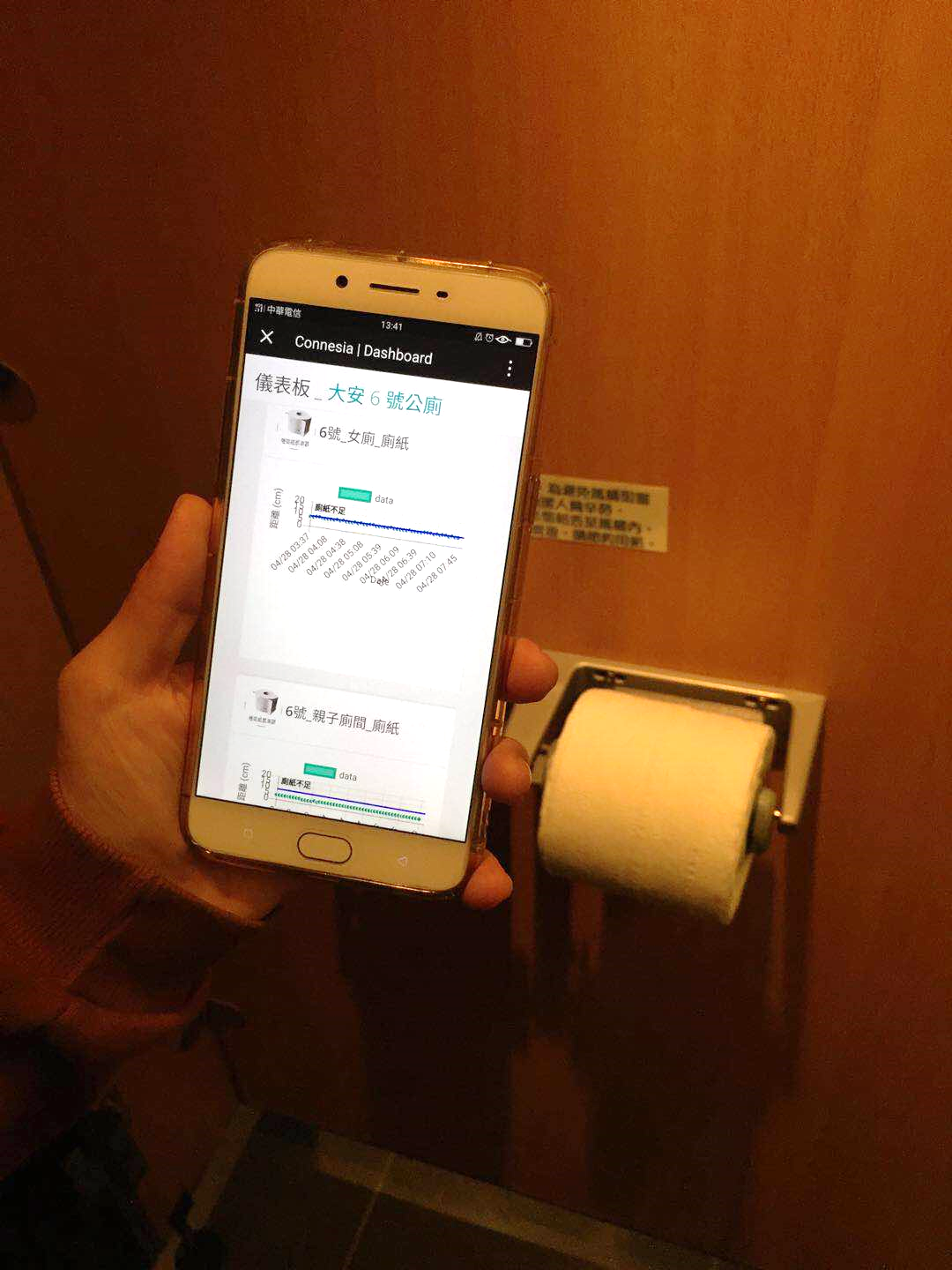透過物聯感測器掌握衛生紙等狀況，並偵測有無異味，當衛生用品不足或異味濃度超標時，可即時通知值班管理人員補充用品或適時清掃。 圖：台北市工務局提供