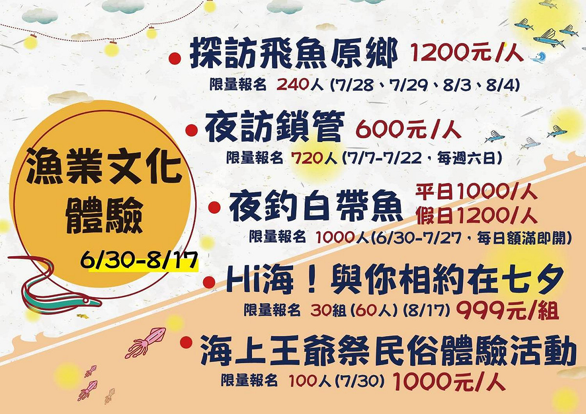 基隆鎖管季率先登場的「漁業文化體驗」，包括有「夜訪鎖管」、「夜釣白帶魚」、「探訪飛魚原鄉」、外木山「王爺祭海上遶境」民俗體驗，以及「Hi海！與你相約在七夕」邀請民眾共度七夕。 圖：基隆市政府 / 提供