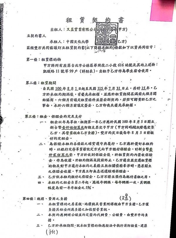 綠委林俊憲公開文大宿舍大群館租貸合約內容。 圖：翻攝林俊憲臉書
