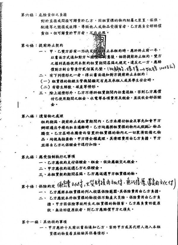 文大宿舍大群館租貸合約內容。 圖：翻攝林俊憲臉書