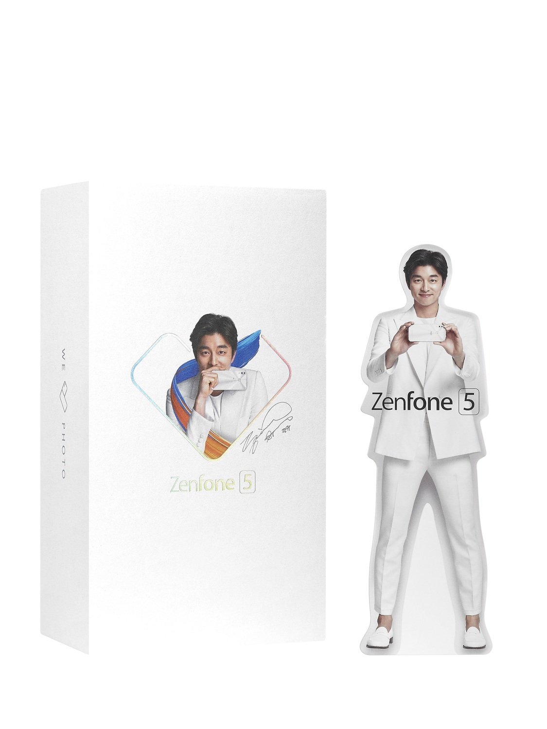 ASUS ZenFone 5「孔劉限定版」具備印有「孔劉」產品視覺的包裝外盒，以及內附的小型「孔劉」人形立牌。 圖：華碩公司提供