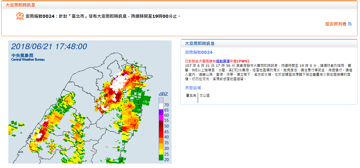 中央氣象局18時許針對台北市與新北市發布大雷雨警訊，持續時間至19:00止，請慎防劇烈降雨、雷擊、9級以上強陣風。 圖：中央氣象局／提供
