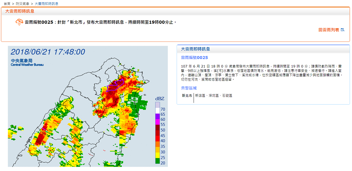 中央氣象局18時許針對台北市與新北市發布大雷雨警訊，請請報發布地區的朋友在19:00前留意天氣變化。 圖：中央氣象局／提供