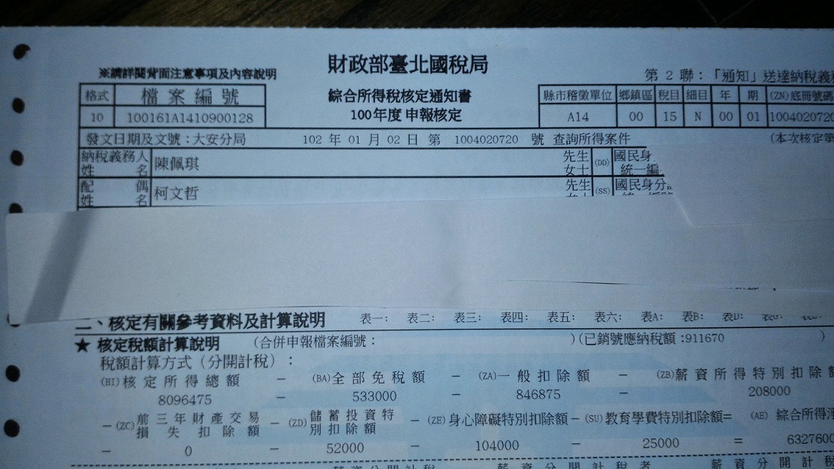 陳佩琪公布100年綜合所得資料。 圖：陳佩琪臉書