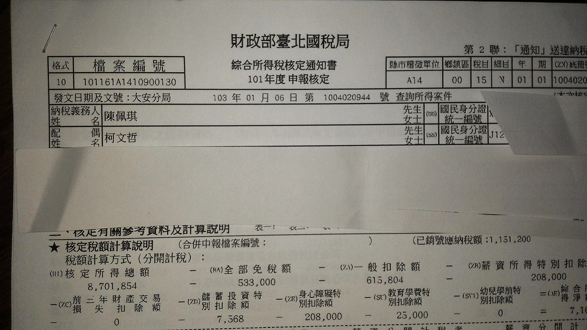 陳佩琪公布101年綜合所得資料。 圖：陳佩琪臉書