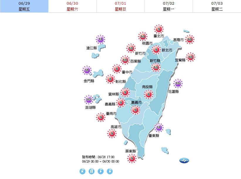 各地皆為過量等級，外出活動務必加強防曬工作。 圖：中央氣象局／提供