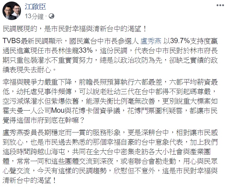國民黨智庫今（29）天公布台中市長選情民調，盧秀燕領先林佳龍，身兼盧秀燕競選總部主委的藍委江啟臣隨即在臉書表示，市民對缺乏實績的政績表現失去耐心。 圖：翻拍自江啟臣臉書
