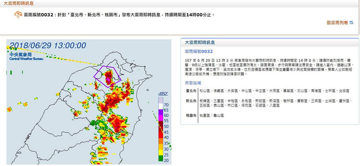 中央氣象局13:02針對雙北及桃園地區發布大雷雨即時訊息。 圖：中央氣象局／提供