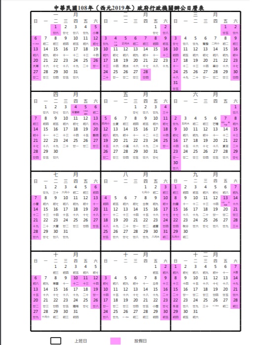 行政院已核定108年（西元2019年）政府行政機關辦公日曆表，總放假日數115日，其中3日以上之連續假期（併同例假日）計有6個。 圖：人事總處/提供