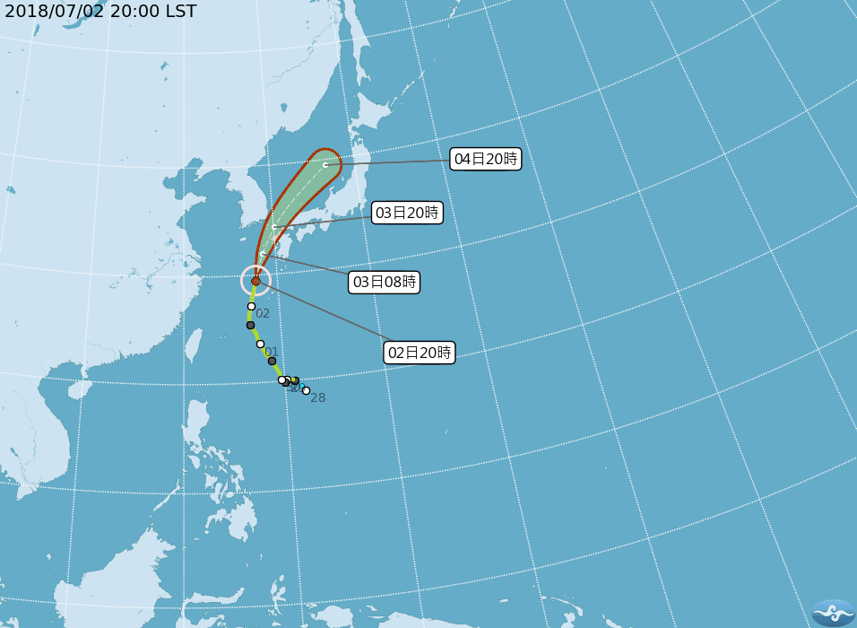 最新巴比侖動向，氣象局昨晚更新最新動向，仍提醒暑假前往韓國、日本的朋友要留意航班資訊。 圖：中央氣象局提供
