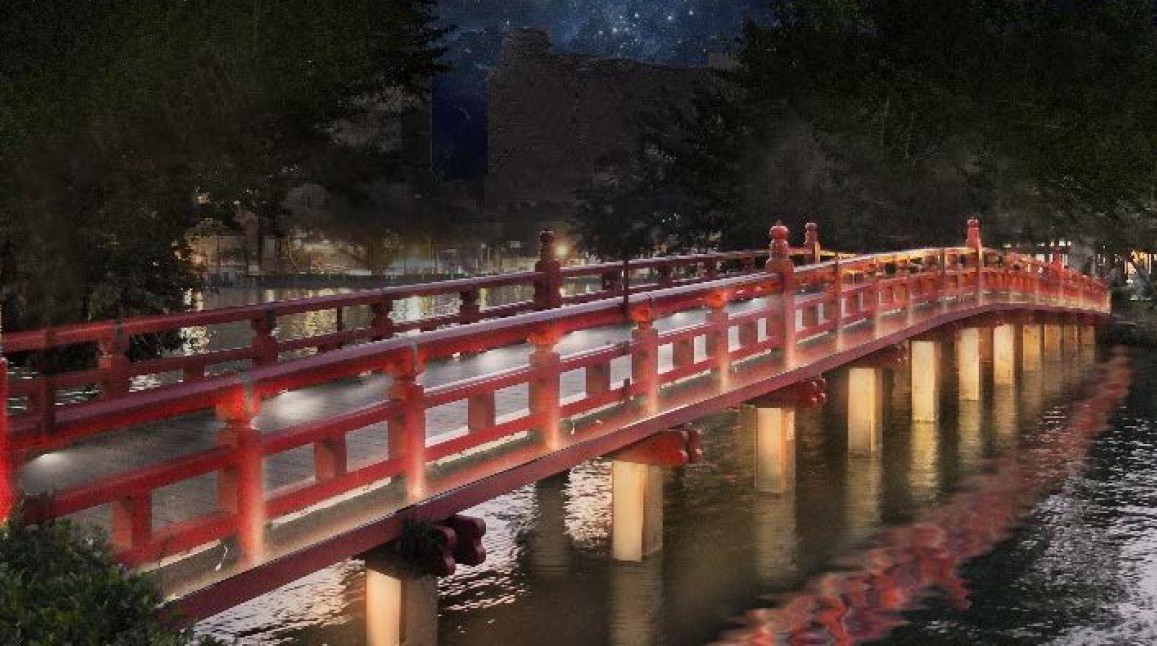 中山橋將安裝朱紅色的線條燈於原設燈具溝槽內打亮橋面、橘黃色線條燈上洗打亮牆面，兒橋底下中央兩側裝設投光燈打亮牆底下。 圖：台中市政府提供