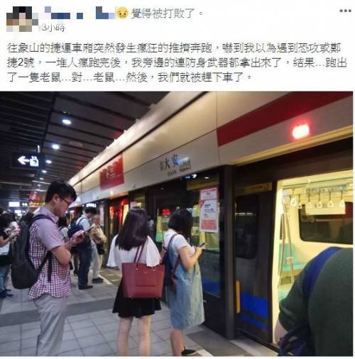 民眾在臉書上po文表示，北捷老鼠事件造成民眾奔逃，大家以為是鄭捷事件的翻版。 圖 : 翻攝自臉書