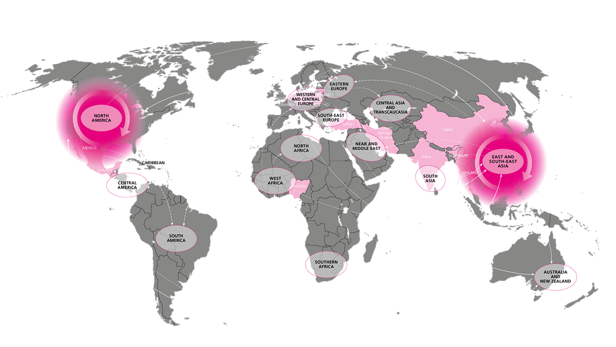 聯合國指出北美與東南亞地區是安非他命的主要生產製造與消費地區 圖：聯合國毒品與犯罪問題辦公室(2018年世界毒品報告)