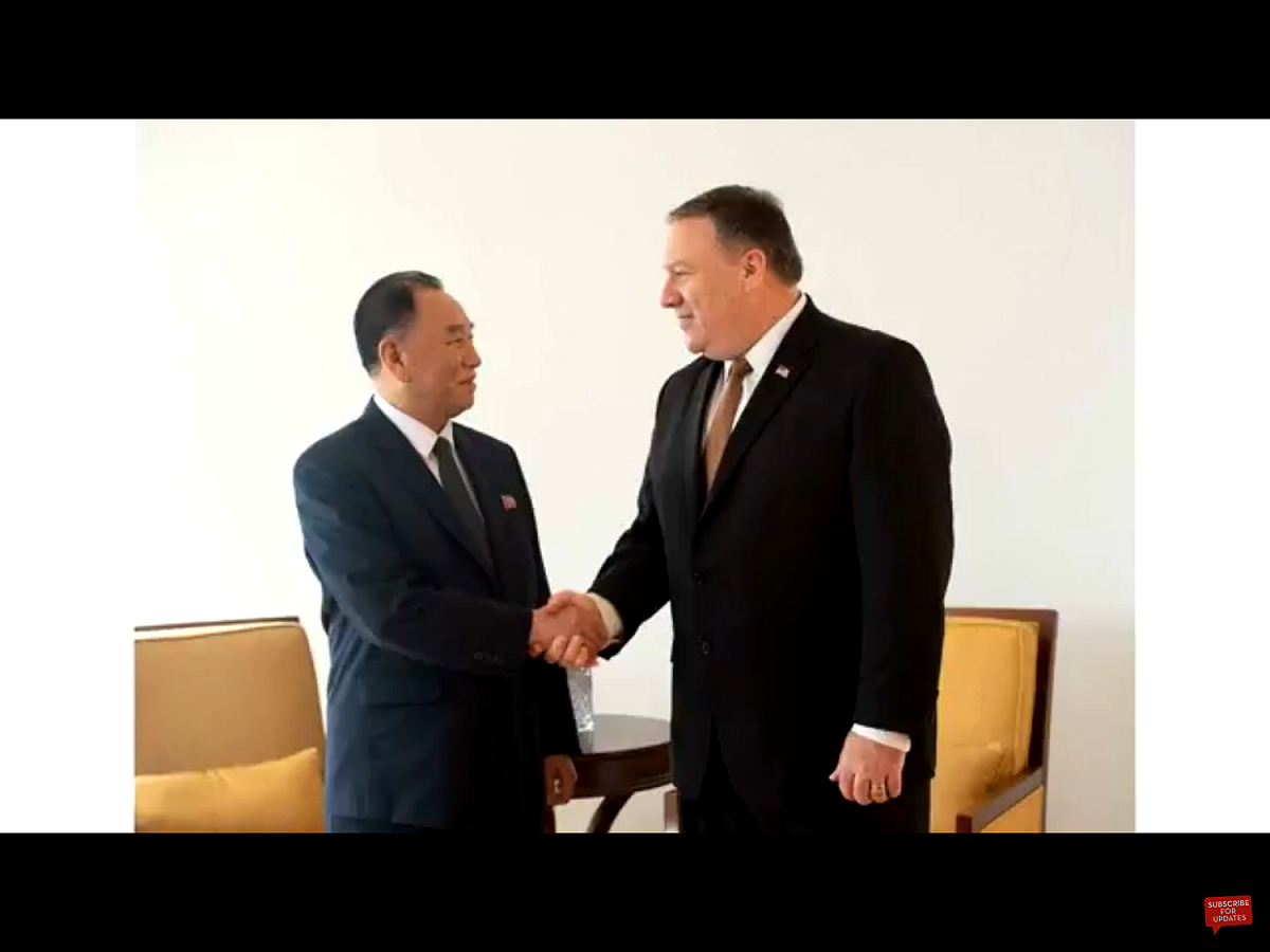 北韓中央通信社說，北韓方面與蓬佩奧（Mike Pompeo，右）所率領代表團談判的結果，「讓人極為擔憂」；並指控美方堅持要北韓採取徹底、可查驗和不可逆的非核作法。 圖：翻攝自Youtube
