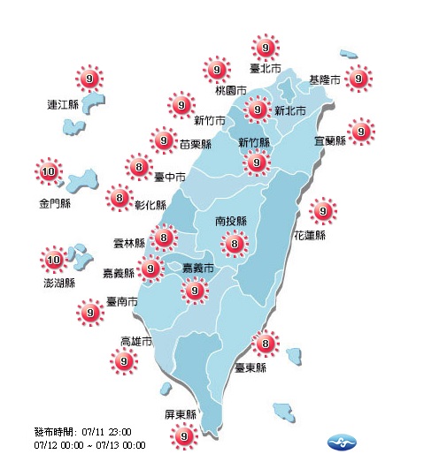 因降雨減少，各地氣溫明顯回升，高溫大多在32度至34度，呈現較悶熱的感受，提醒外出朋友注意防曬。 圖：中央氣象局提供