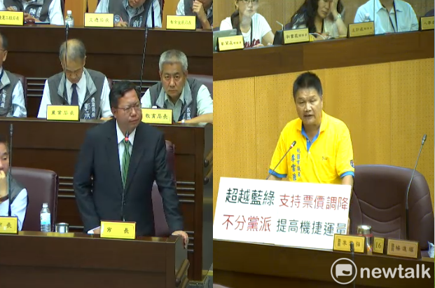 無黨聯盟執行長李雲強希望機捷降價要有感，市長鄭文燦允諾以全線最少降10元為目標。 圖:林昀真/攝