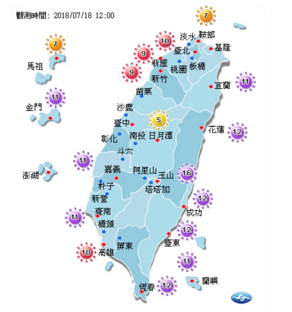 今天受到偏東風的影響，迎風面東半部及恆春半島有局部短暫陣雨外，各地高溫炎熱、紫外線達過量及至危險級，注意防曬。 圖：中央氣象局提供
