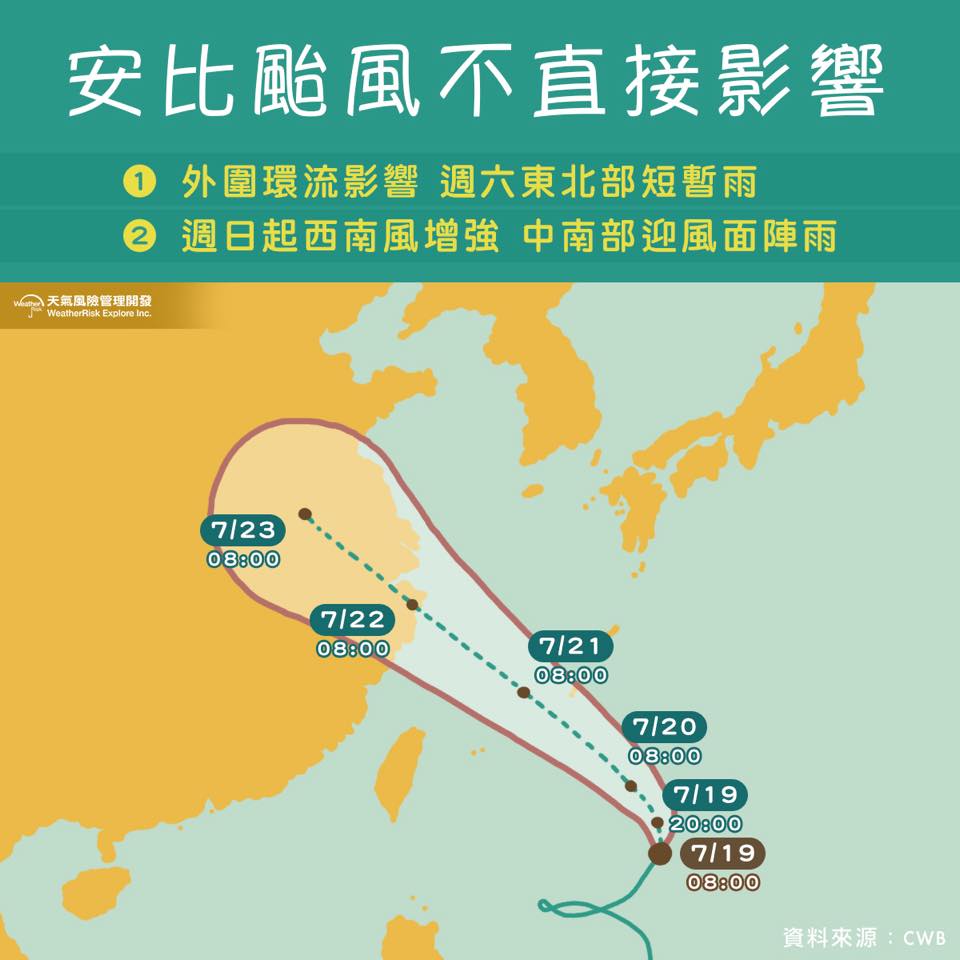 《天氣風險公司》在FB表示，週六東北部將受外圍環流影響，出現短暫陣雨；週日則中南部則會受到西南風影響，同樣出現陣雨天氣。 圖：翻攝自天氣風險FB