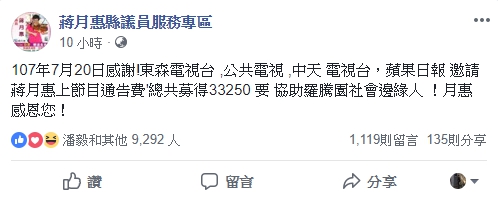 蔣月惠凌晨在臉書發文，要將自己收入33250全數捐出。 圖：翻攝臉書「蔣月惠議員服務專區