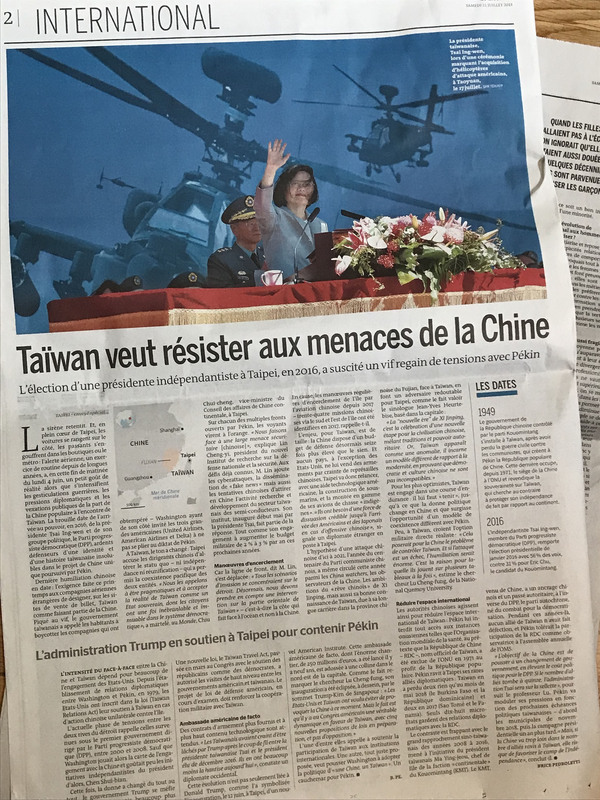 法國世界報刊登題為「台灣欲抵抗中國威脅」的報導，描述台灣在中國壓力進逼下的處境，並指北京會視台灣政治局勢來調整施壓力道。 圖/中央社
