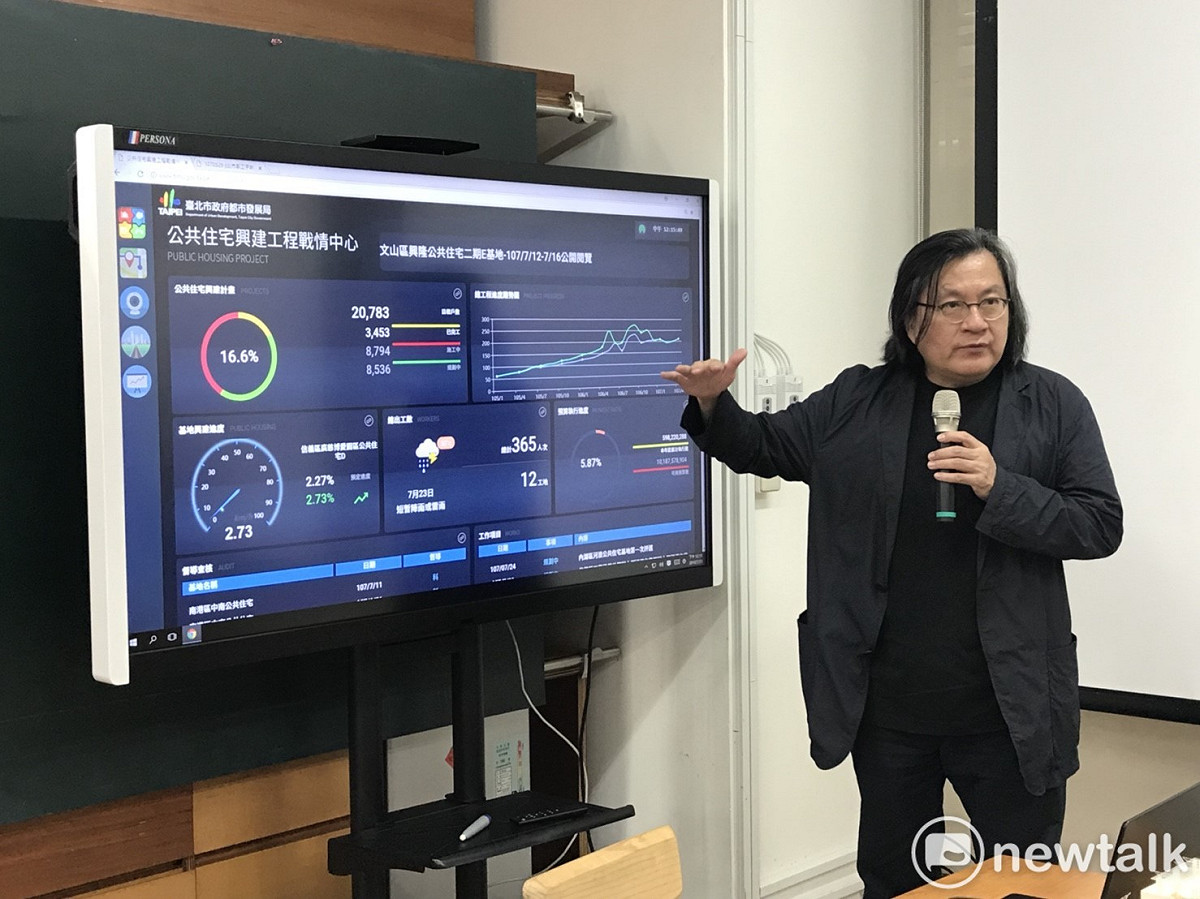 台北市都發局長林洲民展示8月1日將上線的「公共住宅興建工程戰情中心」。 圖：曾薏伃 / 攝