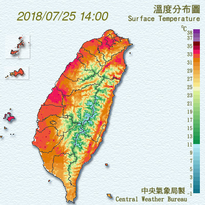氣象局再擴大高溫範圍，提醒中午前後盆地、縱谷及近山區局部地區為高溫黃色燈號，有36度高溫發生的機率，提醒外出朋友防曬需加強。 圖：中央氣象局提供