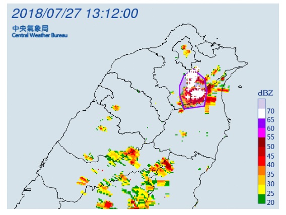 中央氣象局在今(27)稍早時14：37發布大雷雨即時訊息，針對新北市、宜蘭縣等7個行政區及鄉鎮。 圖：中央氣象局/提供