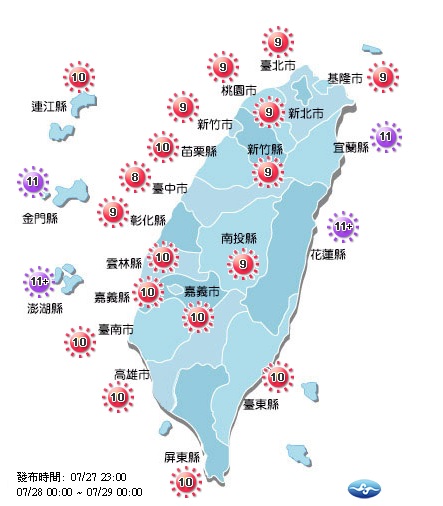 沒下雨時同樣氣溫相當炎熱，大台北地區與東半部有機會出現36度高溫，各地紫外線指數皆達過量級，甚至危險級程度。 圖：中央氣象局提供