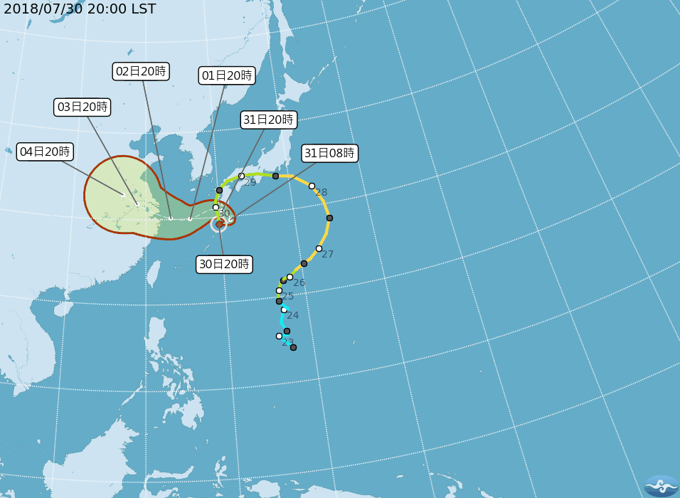 根據氣象局昨(30)颱風「雲雀」最新動向，目前在日本出現減速並打轉的趨勢，預估未來會在日本九州轉往上海移動。 圖：中央氣象局提供