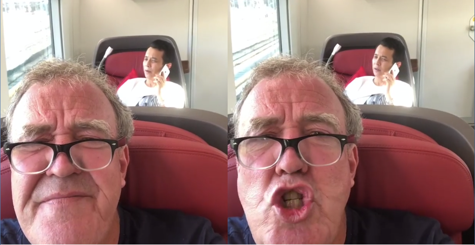 英國知名汽車節目《Top Gear》主持人傑瑞米‧克拉克森（Jeremy Clarkson）在（27）日於Instagram上po出一段影片，是他日前前往中國取景，搭乘中國高鐵時，後方乘客大聲講電話，且持續了數個小時，讓他忍不住在影片中小聲的說了數次「閉嘴」。 圖：截自Jeremy Clarkson Instagram，新頭殼合成