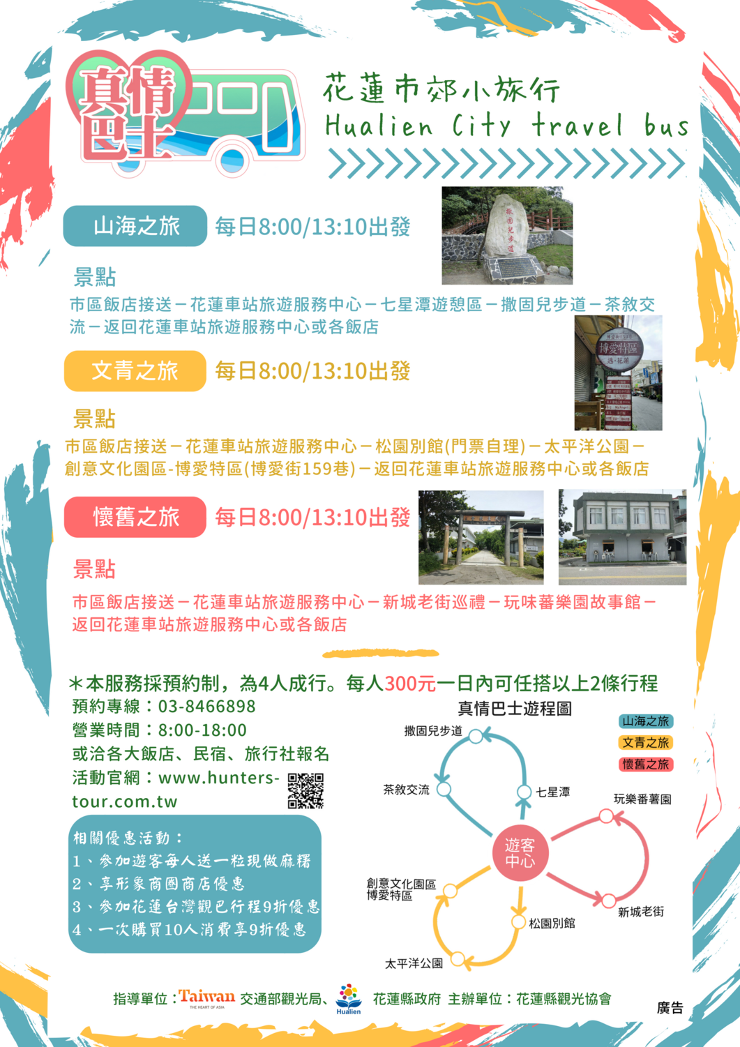 真情巴士預計每日有三條半日遊程供遊客選擇，一日內可任搭兩種行程，四人以上預約即可成行，且單日只要花費300元，即可深度遊覽花蓮不同人文風貌。 圖：花蓮縣政府 /提供